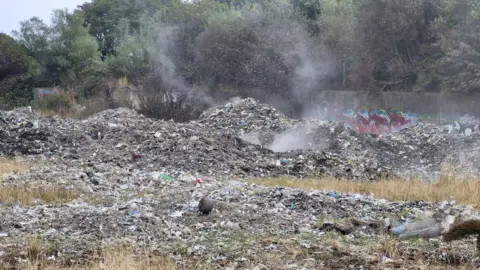 An image of a large pile of industrial waste in a field. The waste has small plumes of smoke coming from it, having recently been extinguished by fire crews.
