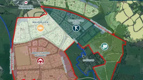 Summix/Homes England Wychavon Town Southern neighbourhoods seen from overhead in a map with areas outlined in red.