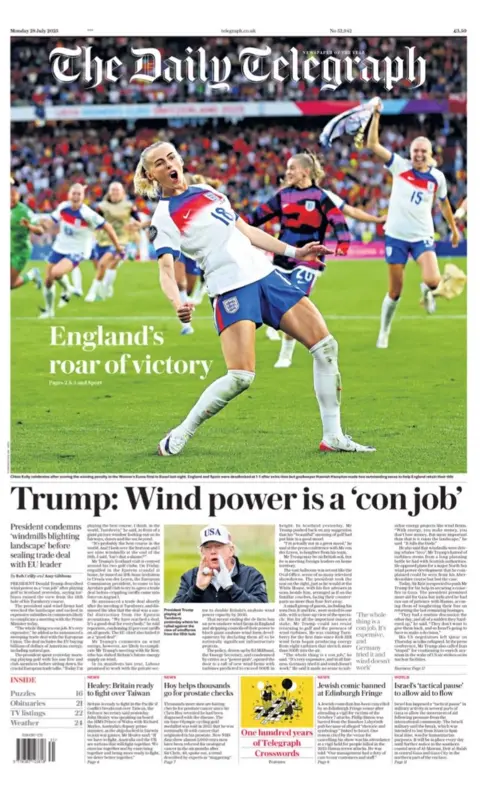The main address says on the first page of Daily Telegraph: "Trump: Wind force is 