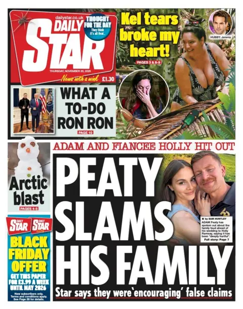 The headline on the front page of the Star reads: “Peaty slams his family”.