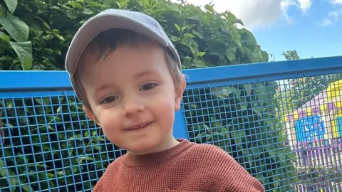 Terri A small boy is wearing a red jumper and a pale-coloured baseball cap. He is standing by blue meshed railings. There is a colourful structure behind in the distance and a bush on the other side of the railings.