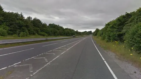 Google A view of the A303 near South Petherton. It is a dual carriageway with trees either side and a grey sky.