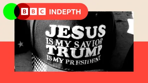 Montage image showing a boy standing in front of a US flag wearing a baseball cap bearing the words: Jesus is my savior, Trump is my president