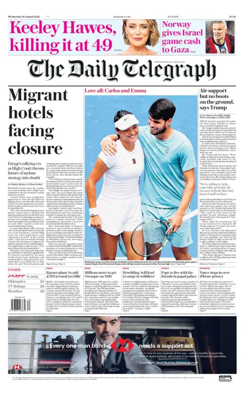 BBC "Migrant hotels facing closure" reads the headline on the front page of The Daily Telegraph.
