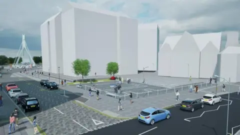 Glasgow City Council Visualisation of people using walkways and paths around a road, bridge and paved recreational area