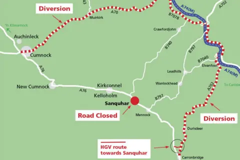 Dumfries and Galloway Council A map showing the diversion route around Sanquhar, off the A76 at Cumnock and back on near Carronbridge