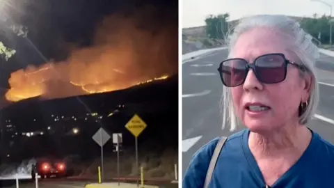 Composite image showing on the left fires burning on hill at night and on the right woman with white hair and black sunglasses