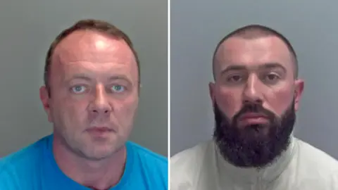 National Crime Agency Mugshots of Bruce Knowles and Ferhat Gumrukguoglu. Knowles is wearing a blue T-shirt and Gumrukguoglu, who has a dark beard, is wearing a light coloured top. 