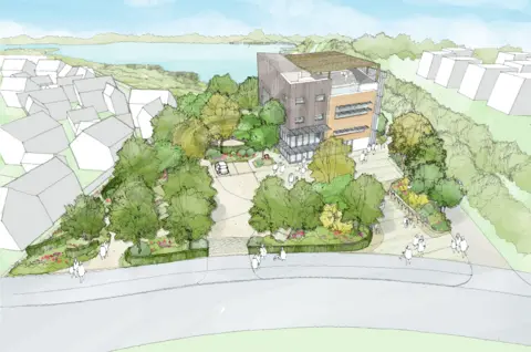 SOUTH CAMBRIDGESHIRE DISTRICT COUNCIL An artist's impression of the Northstowe Church Network's proposed faith and community hub. It shows a four-storey building with a rooftop terrace on one side. It is surrounded by trees. Outside of their perimeter is the outlines of houses and a lake. 