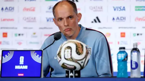 Thomas Tuchel at a news conference in Miami before England's third-place play-off with France