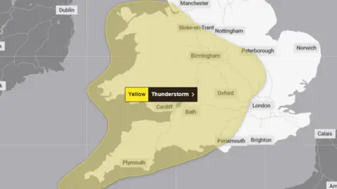 Met Office Map of south west Great Britain showing a yellow area saying thunderstorm covering covering most of the map 