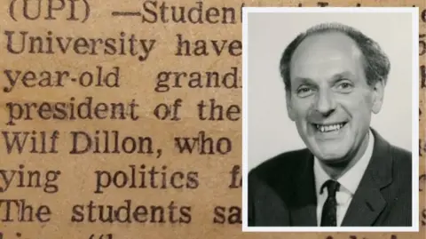 Courtesy of the University of Leicester Image of Wilf Dillon to the right with a newspaper cutting to the left