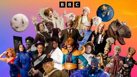 BBC Studios A bright colourful collection of men and women dressed as characters throughout history including Einstein and Henry VIII