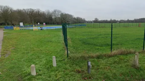 Google A park in the winter. In the foreground is grass, and beyond it is a pool. Beyond that are trees on the left, and there is more grass in front of trees in the distance.