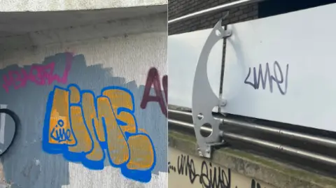 Graffiti on walls, in a town. 