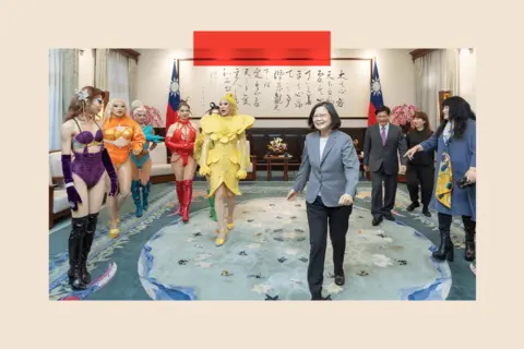 Office of the President, ROC ( Taiwan ) Tsai Ing-wen hosted a delegation of drag queens - including RuPaul's Drag Race winner, Taiwanese-American Nymphia Wind - at her presidential office