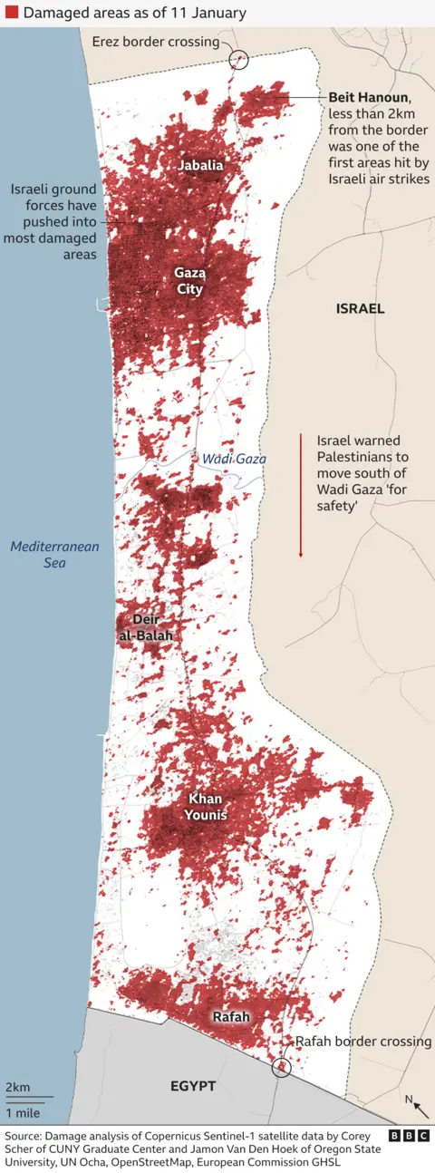 A map showing the damaged areas of the Gaza Strip (January 11, 2025)