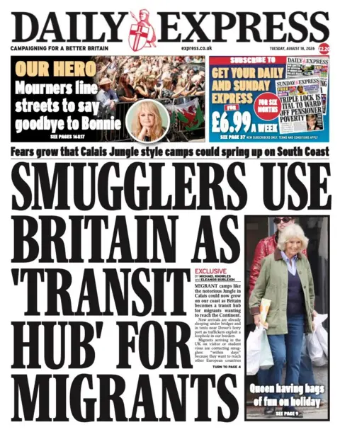 The headline on the front page of the Daily Express reads: "Smugglers use Britain as 'transit hub' for migrants."