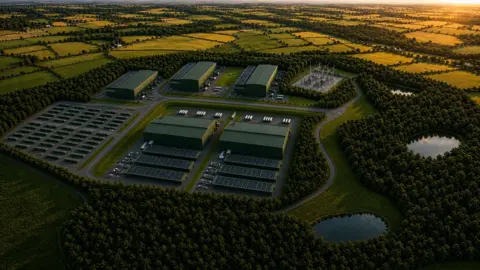 An artist's impression of the Devon Data Campus showing buildings and roads surrounded by trees and lakes.