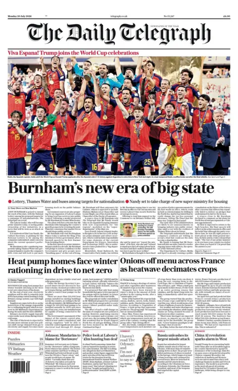 The headline on the front page of the Daily Telegraph reads: “Burnham heralds new era of big state”.