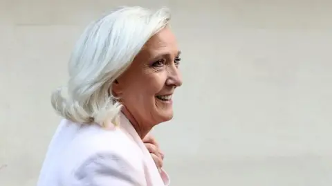 Reuters Le Pen, wearing a light pink jacket, smiles against a white background 