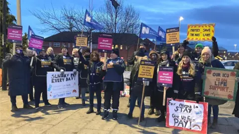 BBC Nurses joined a picket line outside Middlesbrough's James Cook Hospital earlier