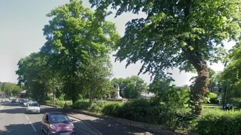 A view of Parkside in Cleckheaton. Pictured is a line of cars in motion on one side of the road against a sunny backdrop of some trees and a park.