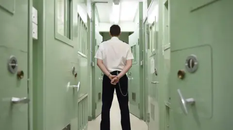 The back of a prison warden is shown, standing in a corridor of mint green prison doors