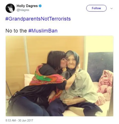 @hdagres Holly Dagres tweets a photo of her grandmother with the caption: "#GrandparentsNotTerrorists No to the #MuslimBan".