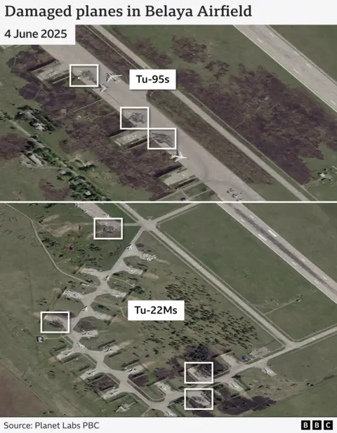 A satellite image showing damage caused to jets on the runway in Belaya.
