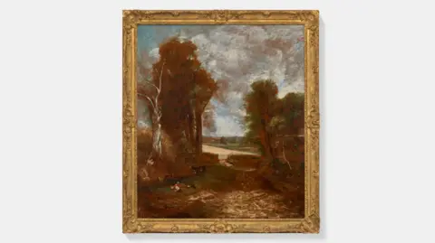 Heritage Auctions The Cornfield oil study in a golden frame handing on a plane light grey wall. It shows a boy on the bank of a pool drinking its water next to a lane winding into the cornfield based on Fen Lane. On the lane are some sheep and a dog. 