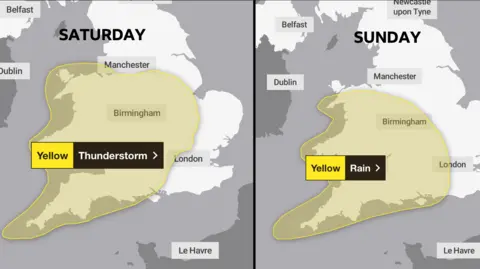 Met Office Two maps of the United Kingdom: the first shows a yellow thunderstorm warning area for Wales, central and southern England on Saturday; the second shows another yellow warning for rain on Sunday across most of Wales, the Mildlands and south-west England