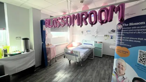 Another photo of the "blossom room", but with pink balloons that spell out the name of the room in shot.