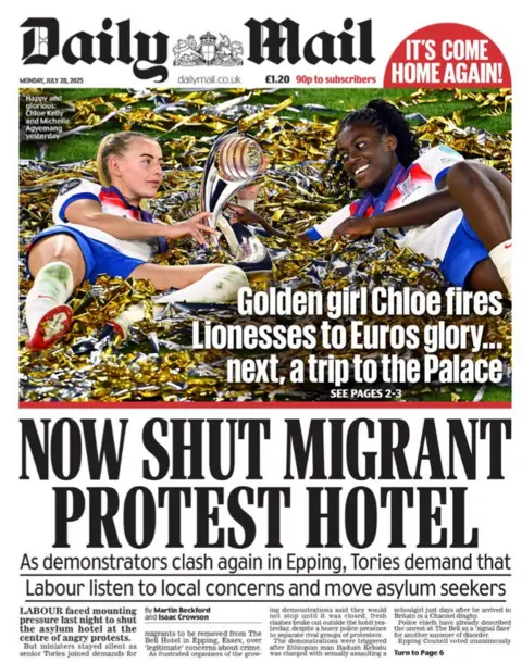 Read the title on the first page of Daily Mail: "Now the immigrant protest hotel closes".