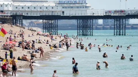 Eddie Mitchell People at a pebbled beach and some playing in the water. There is a large building with the sign that reads "Brighton Pier".