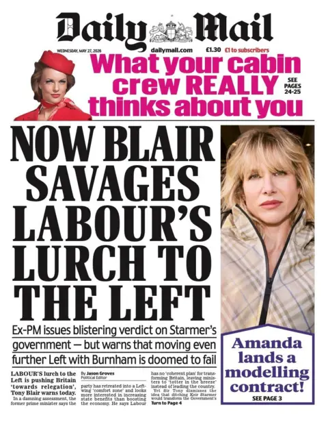 "Now Blair savages Labour's lurch to the left" reads the headline on the front page of the Daily Mail.