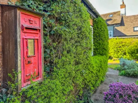 Rightmove A red post box can be seen set in a wall which is covered by a bush and there is a garden and neighbouring buildings in the background.