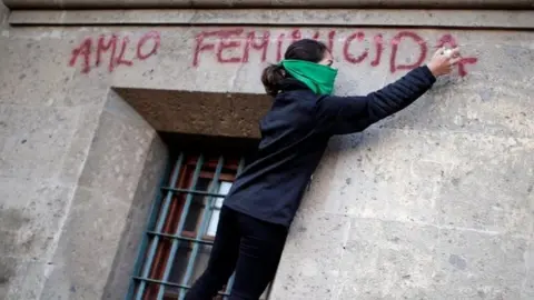 Reuters A woman with a spray can daubs a slogan reading AMLO women murderer on the wall of the National Palace