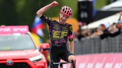 Georg Steinhauser celebrates as he wins stage 17 at the Giro d'Italia