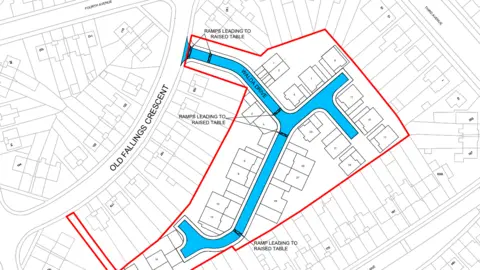 City of Wolverhampton Council A map showing a curved road called Old Fallings Crescent. A road leading off it, coloured blue, is Walda Drive. Pointers are used to indicate three points on the map, which are labelled "RAMPS LEADING TO RAISED TABLE".