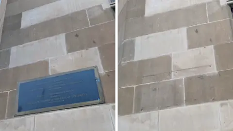 A composite image showing the blue plaque marking the former prince's visit is on sandstone exterior wall. The second image shows it has been removed.