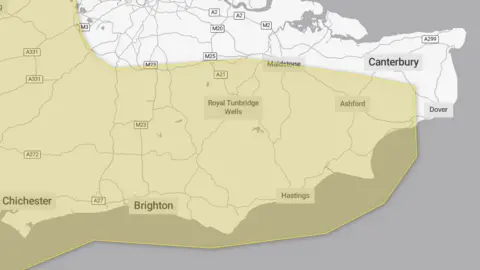 The Met Office A screenshot of the Met Office website with a 2D map of the south east, including Brighton, Ashford, and Royal Tunbridge Wells, with a yellow overlay warning of rain in the region.