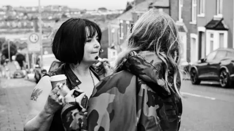 BBC/Toffee International Ltd/Tom Jackson Ruth Jones getting her make up done while filming on Trinity Street in Barry.