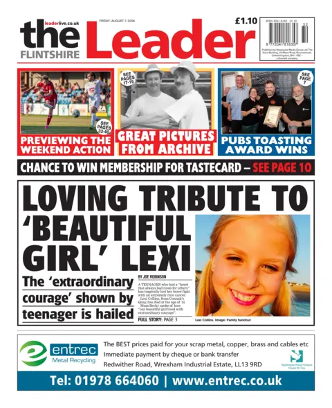 The Flintshire Leader The front page of The Flintshire Leader. Main headline reads: Loving tribute to 'beautiful girl' Lexi