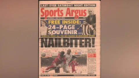 Norman Bartlam Front cover of the last ever Saturday edition of the Sports Argus. A headline banner reads: Free Inside, 24-page souvenir. The headline is: Nailbiter!