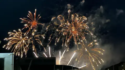 Fireworks bursting in the night sky above buildings near a waterfront.