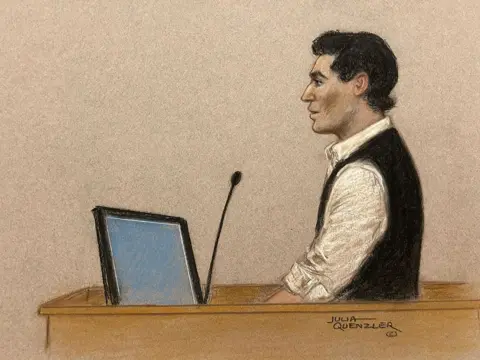 Julia Quenzler / BBC A court sketch showing Daniel Khalife sitting in the dock at Woolwich Crown Court on 11 November