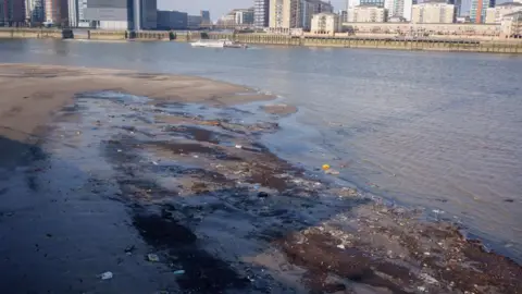 Getty Images Dumped waste and washed-up litter lie at Blackwall Point on the Greenwich Peninsula foreshore of the River Thames at low tide.