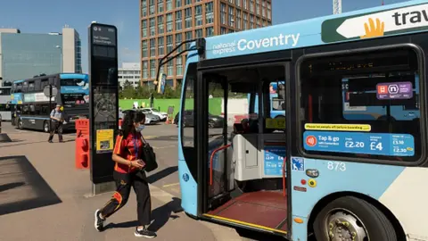 Getty Images People, vehicles and buses passing the redeveloped area of Friargate in Coventry