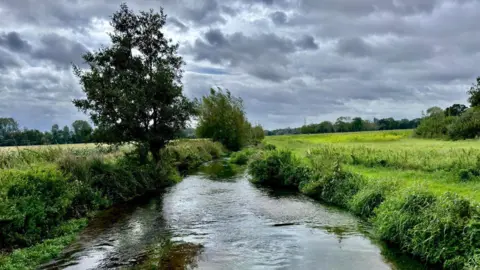 New Forest Explorer A body of water sits between two green fields under dark grey and black clouds